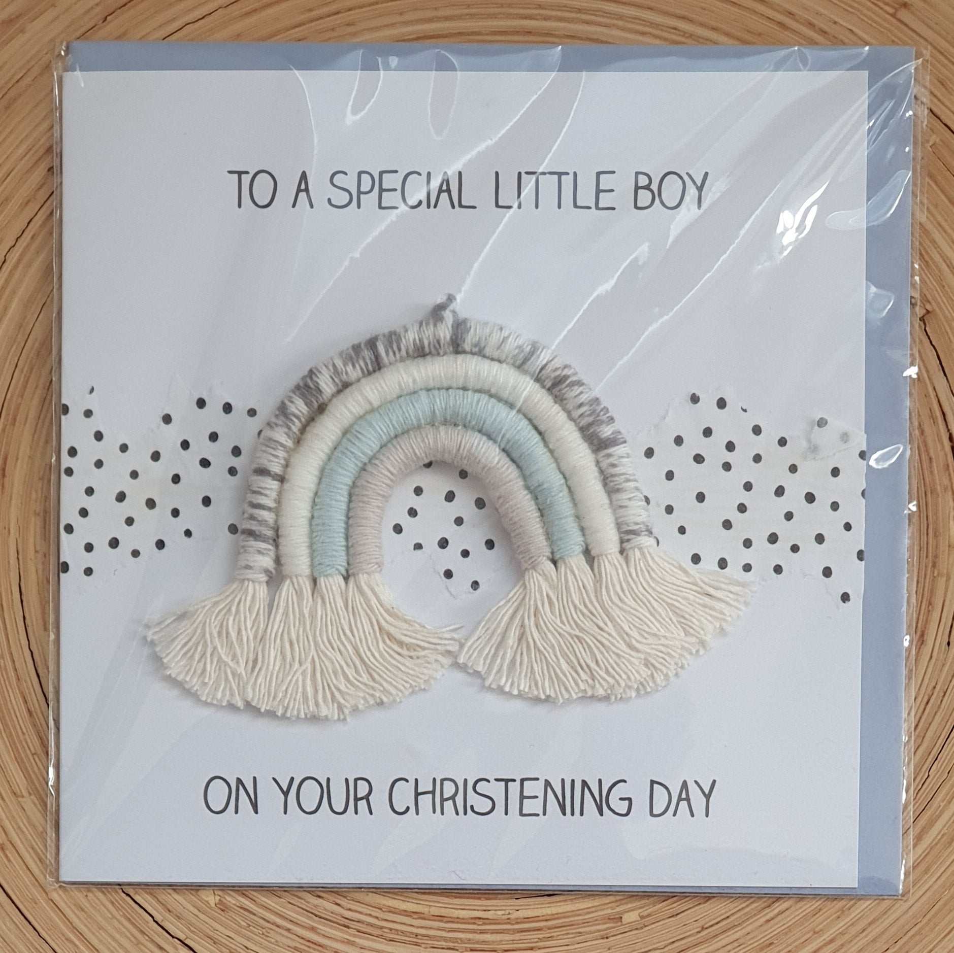 Boy Christening Card with Miniature Rainbow - Blue Grey
