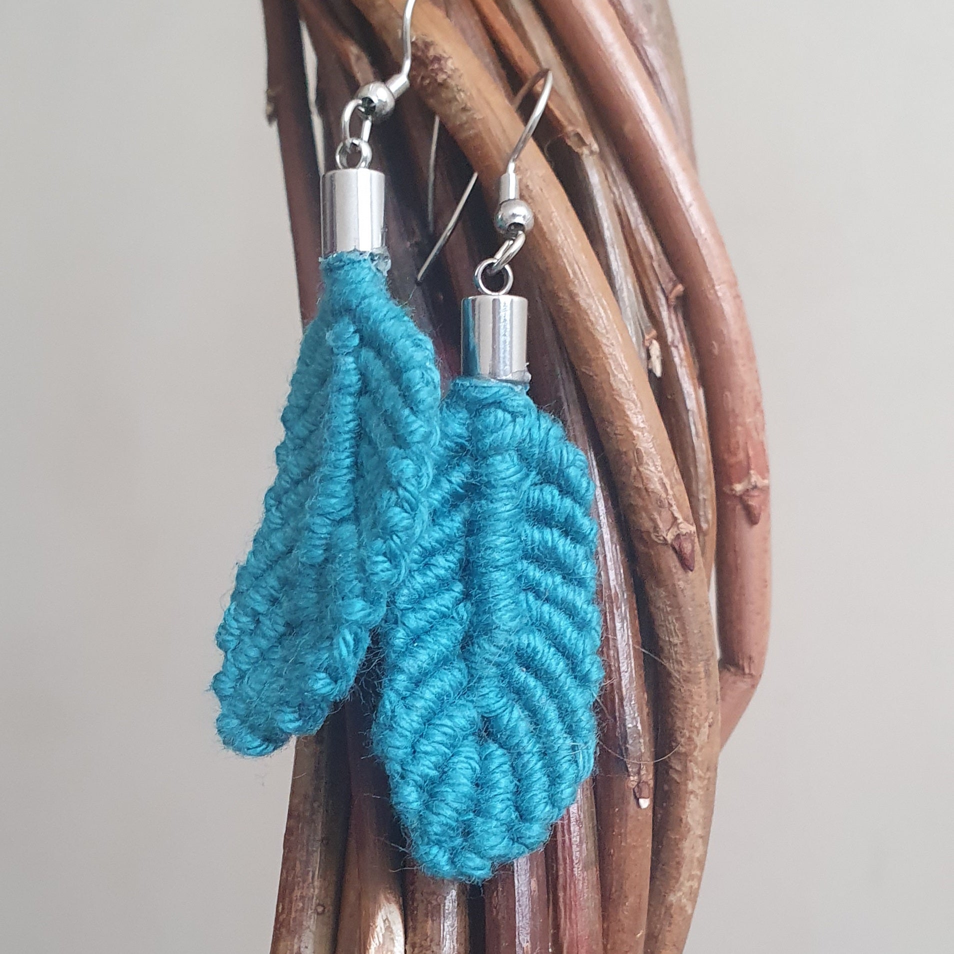Micro Macrame Feather Earrings - Teal