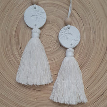 Load image into Gallery viewer, Mini Clay tree decorations with Tassels. Snowflake print - 2 pk.

