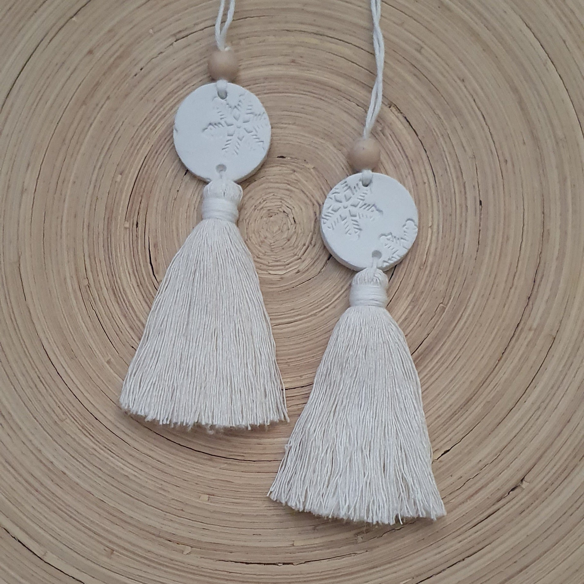 Mini Clay tree decorations with Tassels. Snowflake print - 2 pk.
