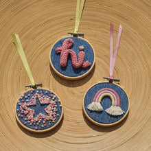 Load image into Gallery viewer, Miniature Embroidery Hoop with Miniature Knitted Word - hi
