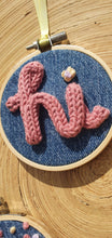 Load image into Gallery viewer, Miniature Embroidery Hoop with Miniature Knitted Word - hi
