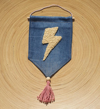 Load image into Gallery viewer, Denim Bunting Flag Banner with Embroidery - Lightning Bolt
