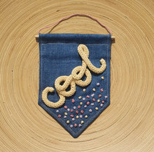 Load image into Gallery viewer, Denim Bunting Flag Banner with Miniature Knitted Word - cool
