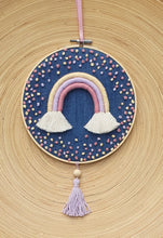Load image into Gallery viewer, Denim Embroidery hoop with Macrame Rainbow

