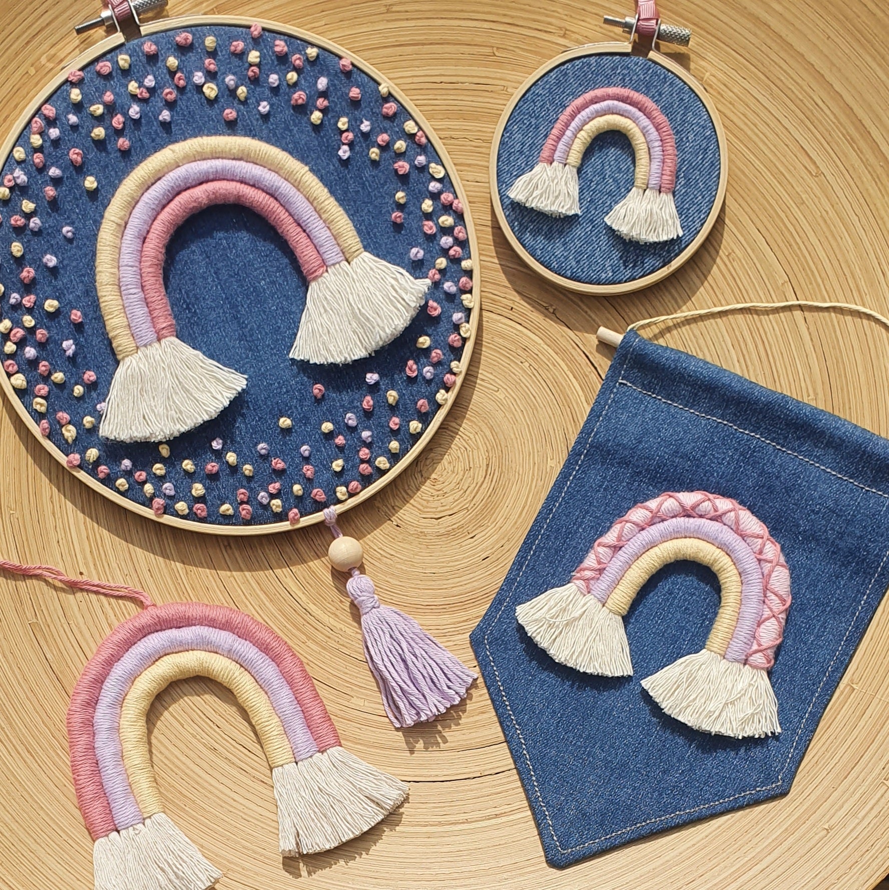 Denim Embroidery hoop with Macrame Rainbow