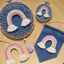 Load image into Gallery viewer, Denim Embroidery hoop with Macrame Rainbow
