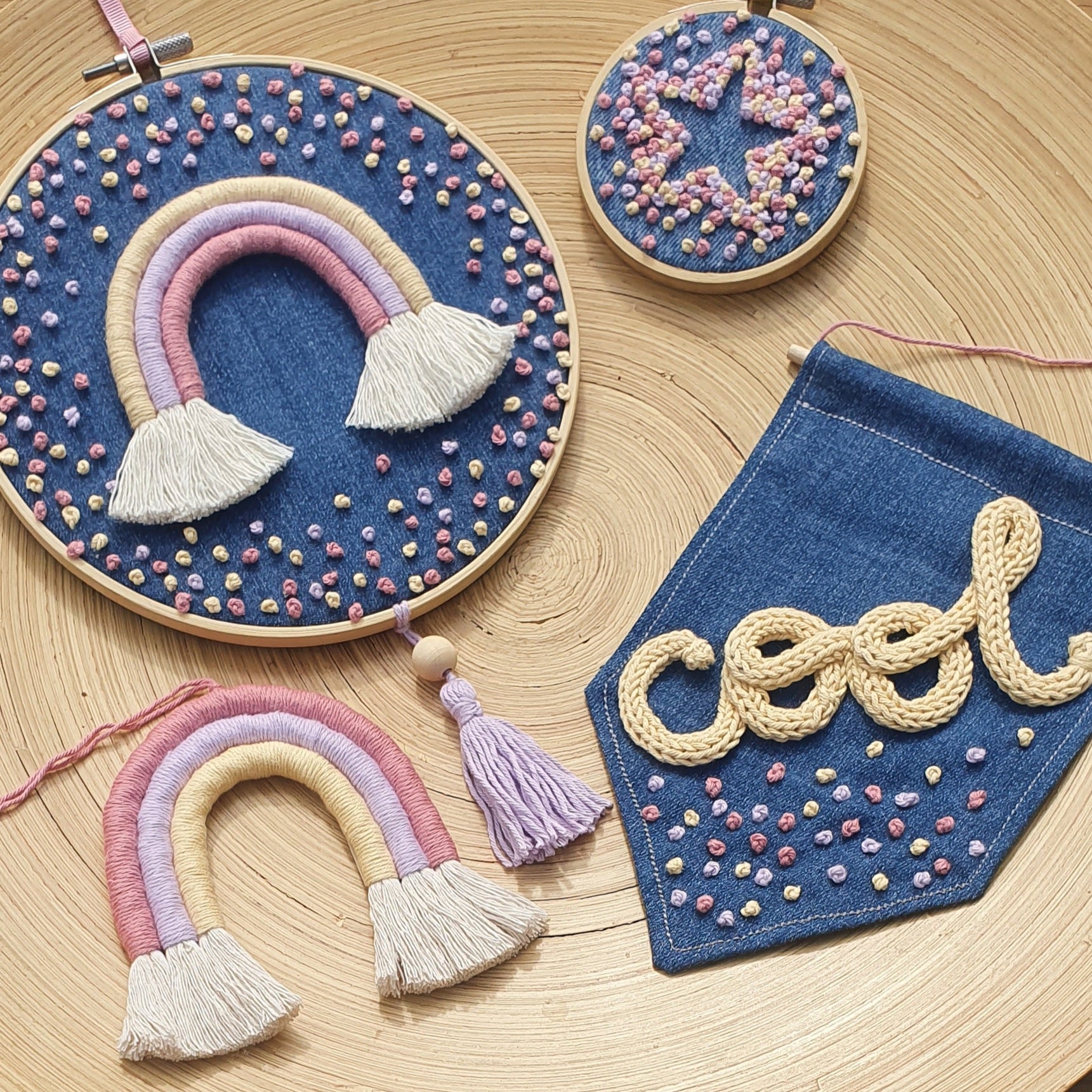 Denim Bunting Flag Banner with Miniature Knitted Word - cool