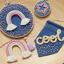 Load image into Gallery viewer, Denim Bunting Flag Banner with Miniature Knitted Word - cool
