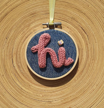Load image into Gallery viewer, Miniature Embroidery Hoop with Miniature Knitted Word - hi
