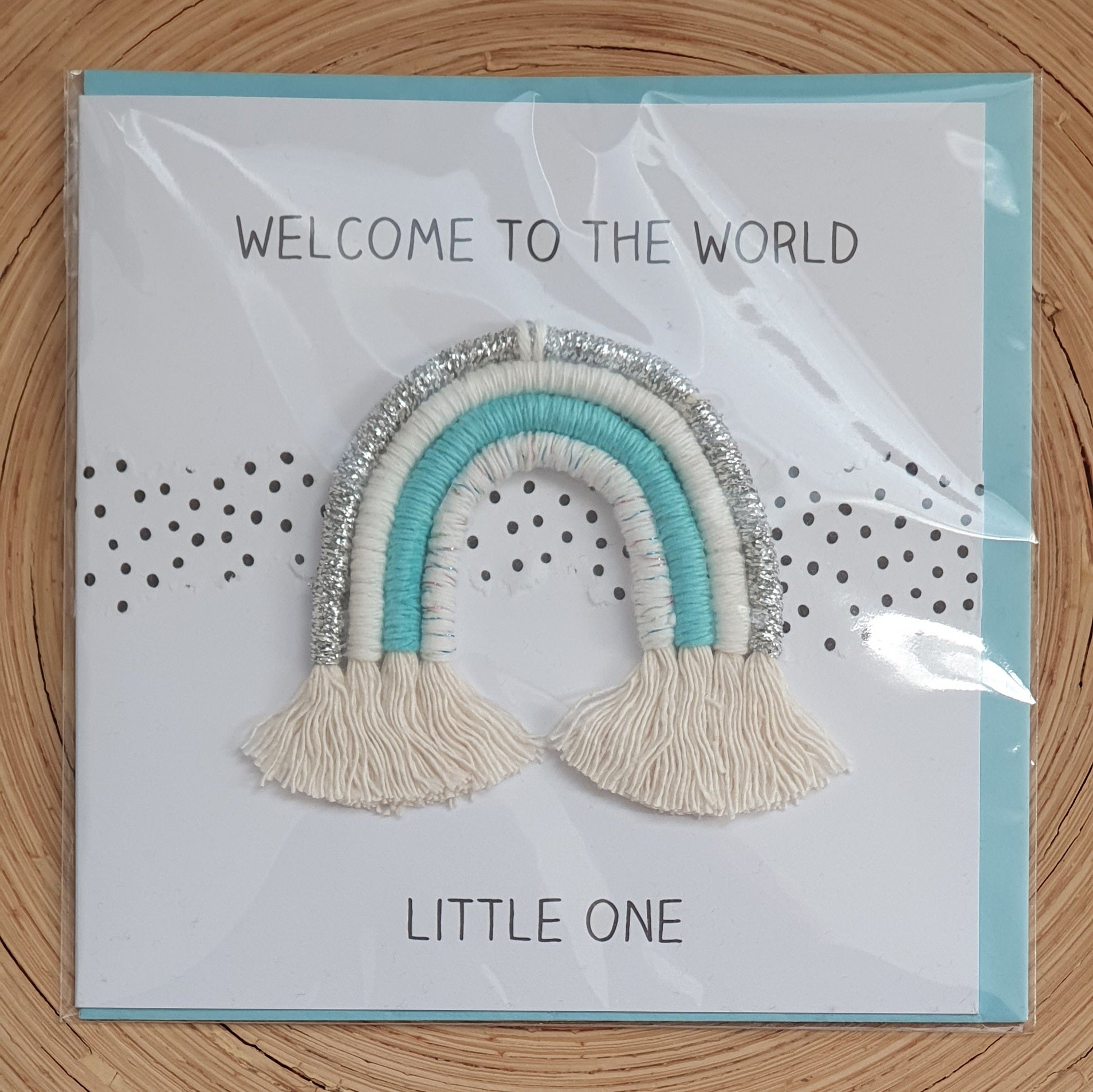 New Baby Card with Miniature Rainbow - Blue/Silver