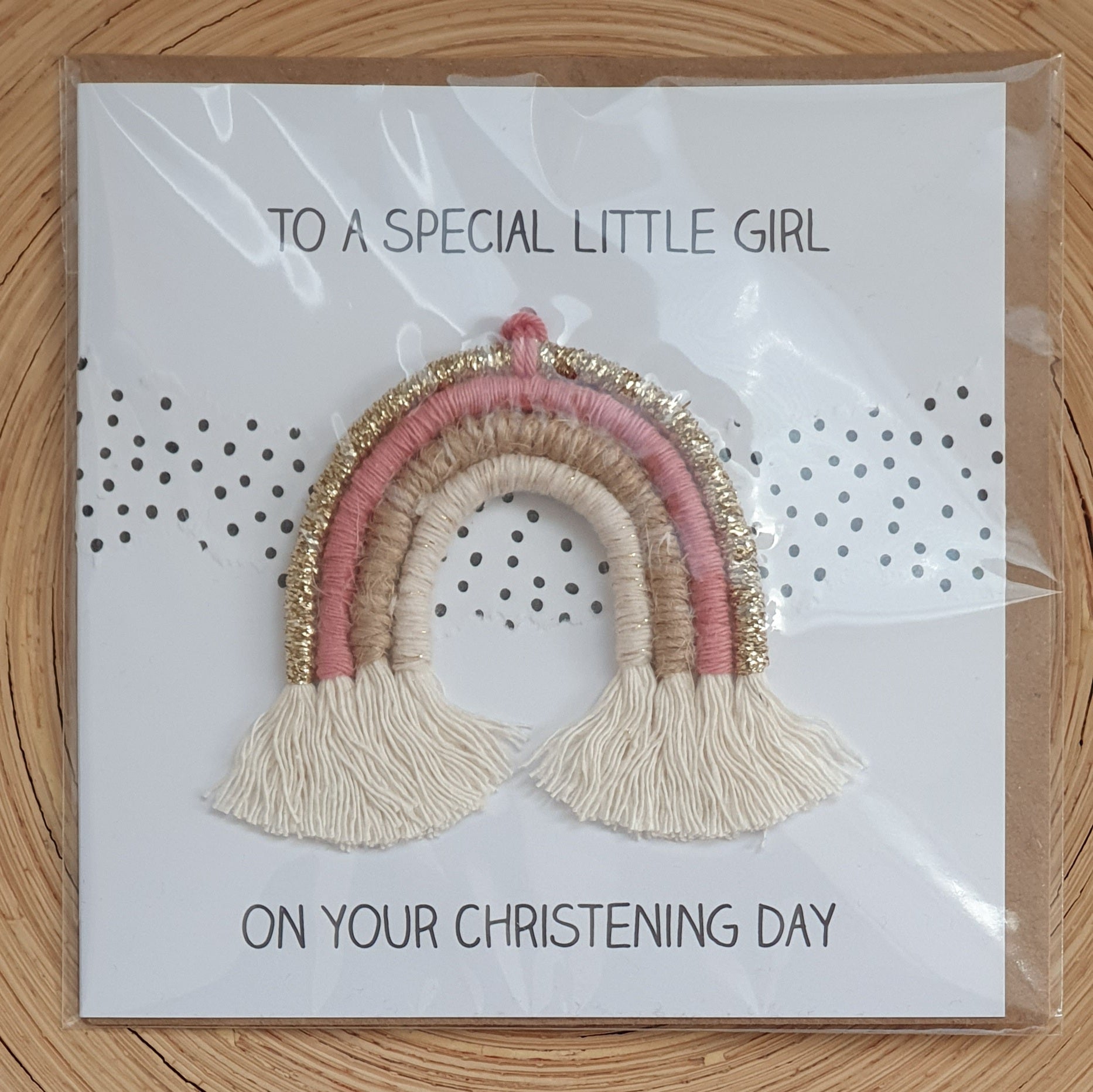 Girl Christening Card with Miniature Rainbow - Pink/Kraft Brown