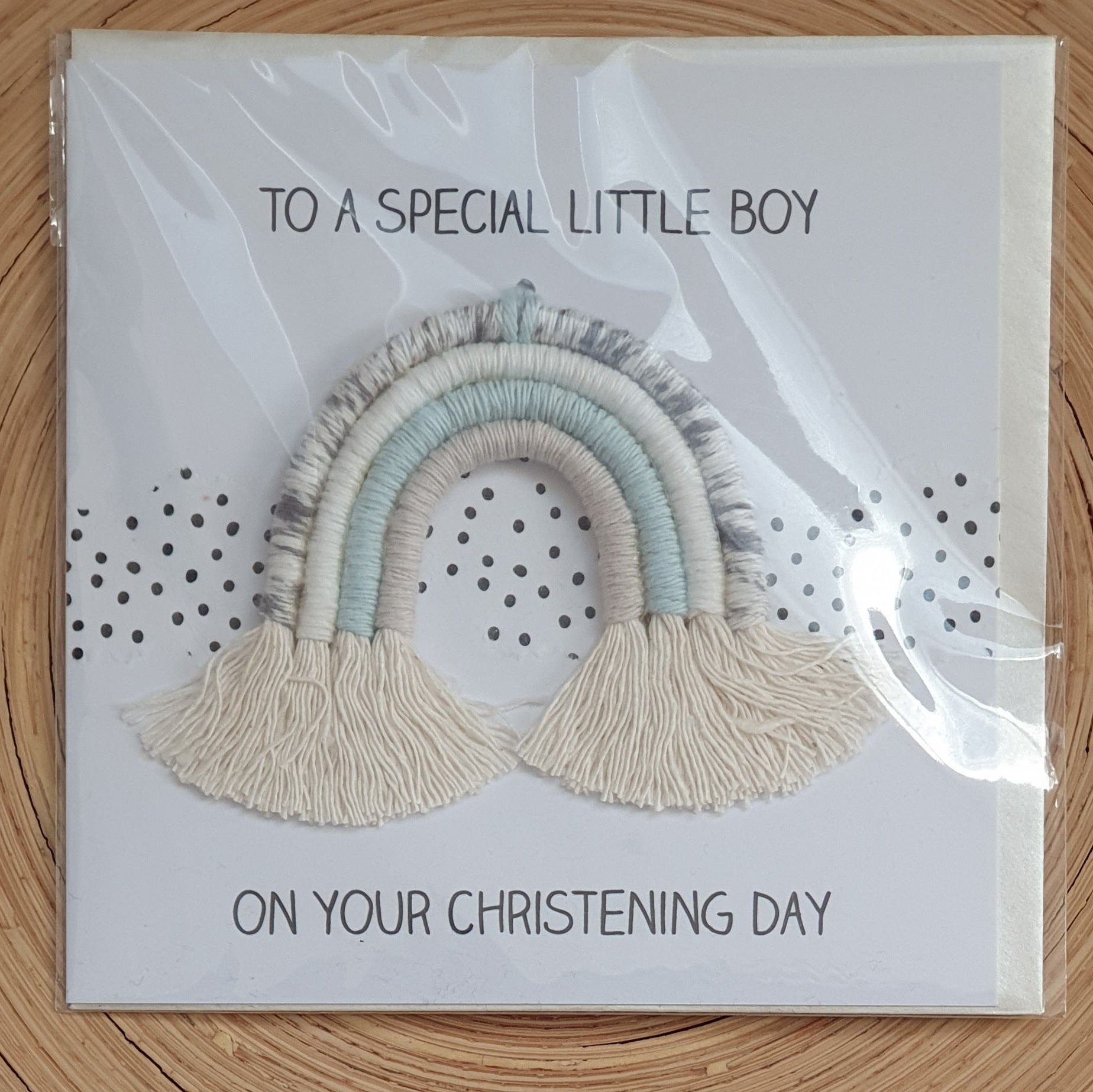 Boy Christening Card with Miniature Rainbow - Blue Grey with Pearlescent envelope