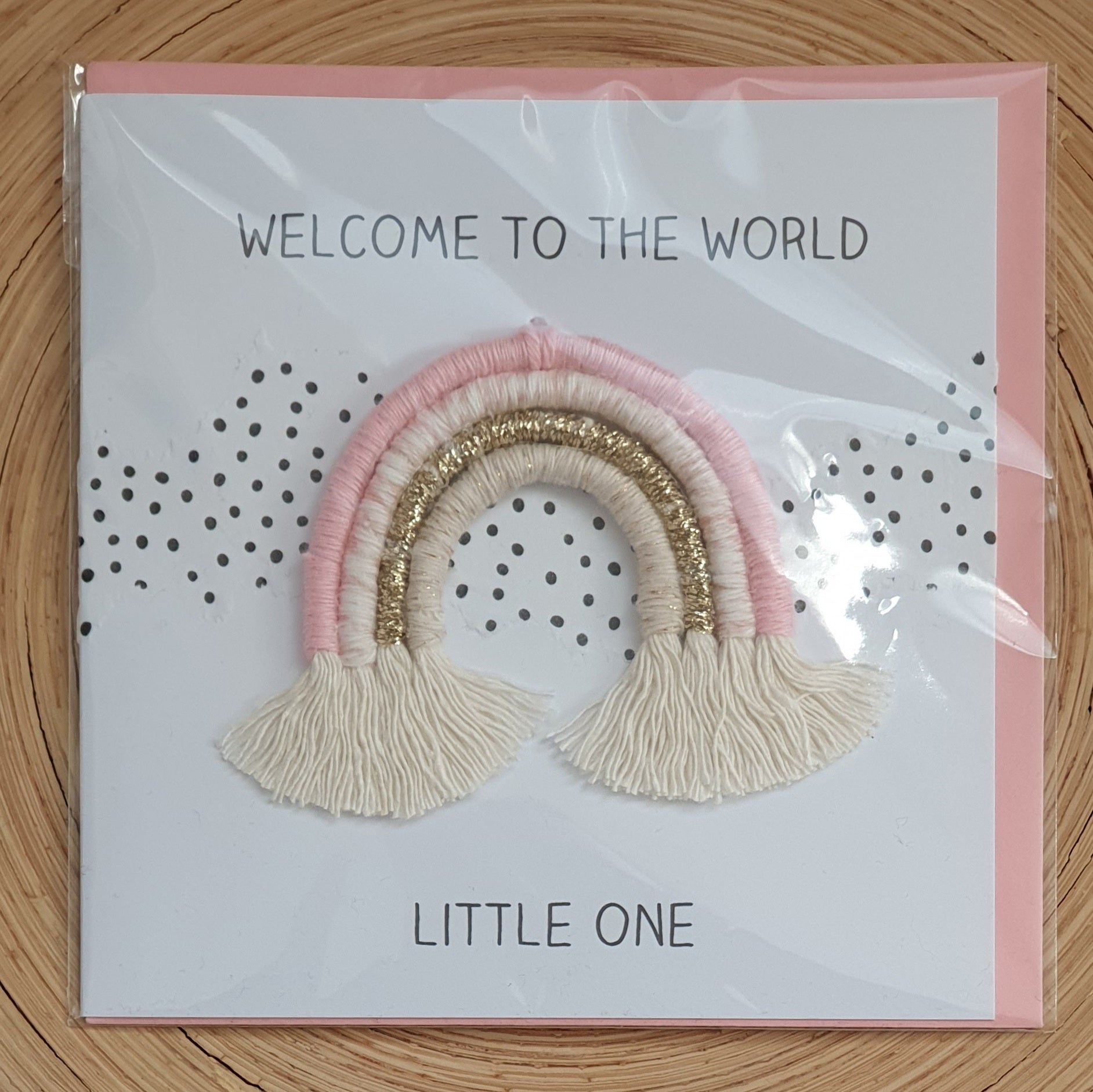 New Baby Card with Miniature Rainbow - Pink/Gold