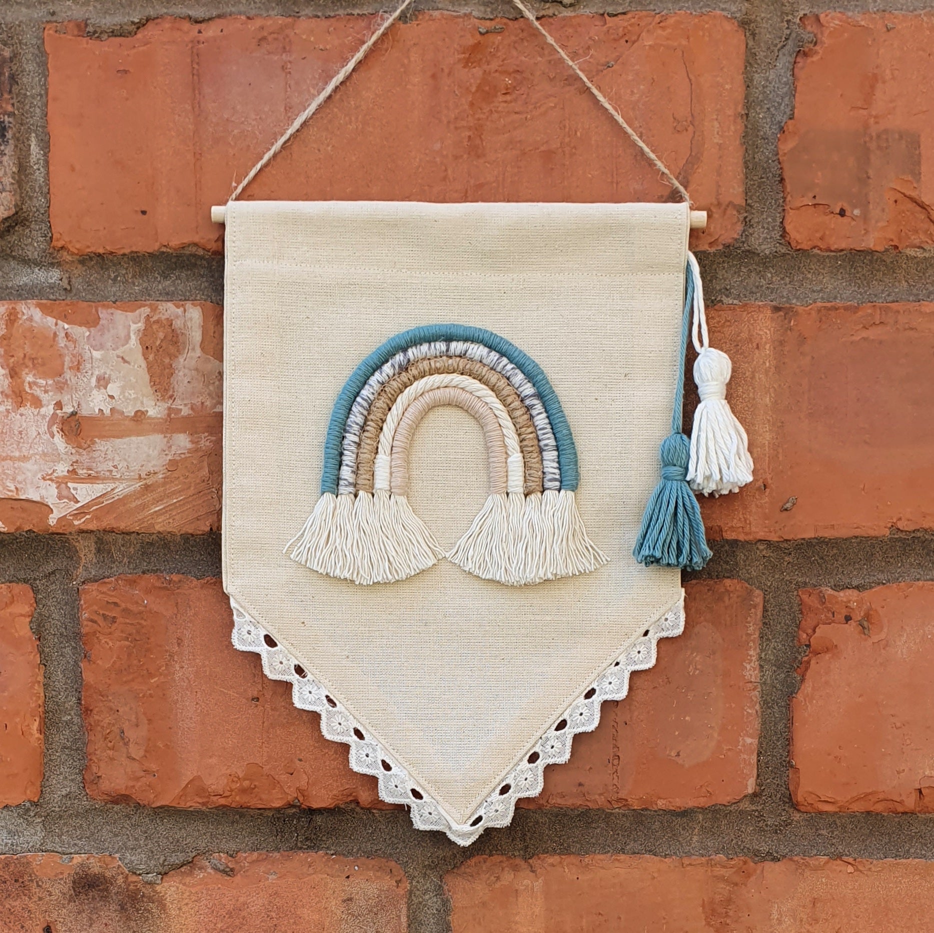 Bunting Flag Banner with Miniature Macramé Rainbow - Teal tones