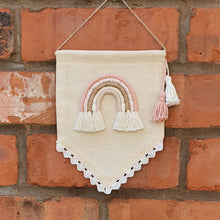 Load image into Gallery viewer, Bunting Flag Banner with Miniature Macramé Rainbow - Pastel Pink tones

