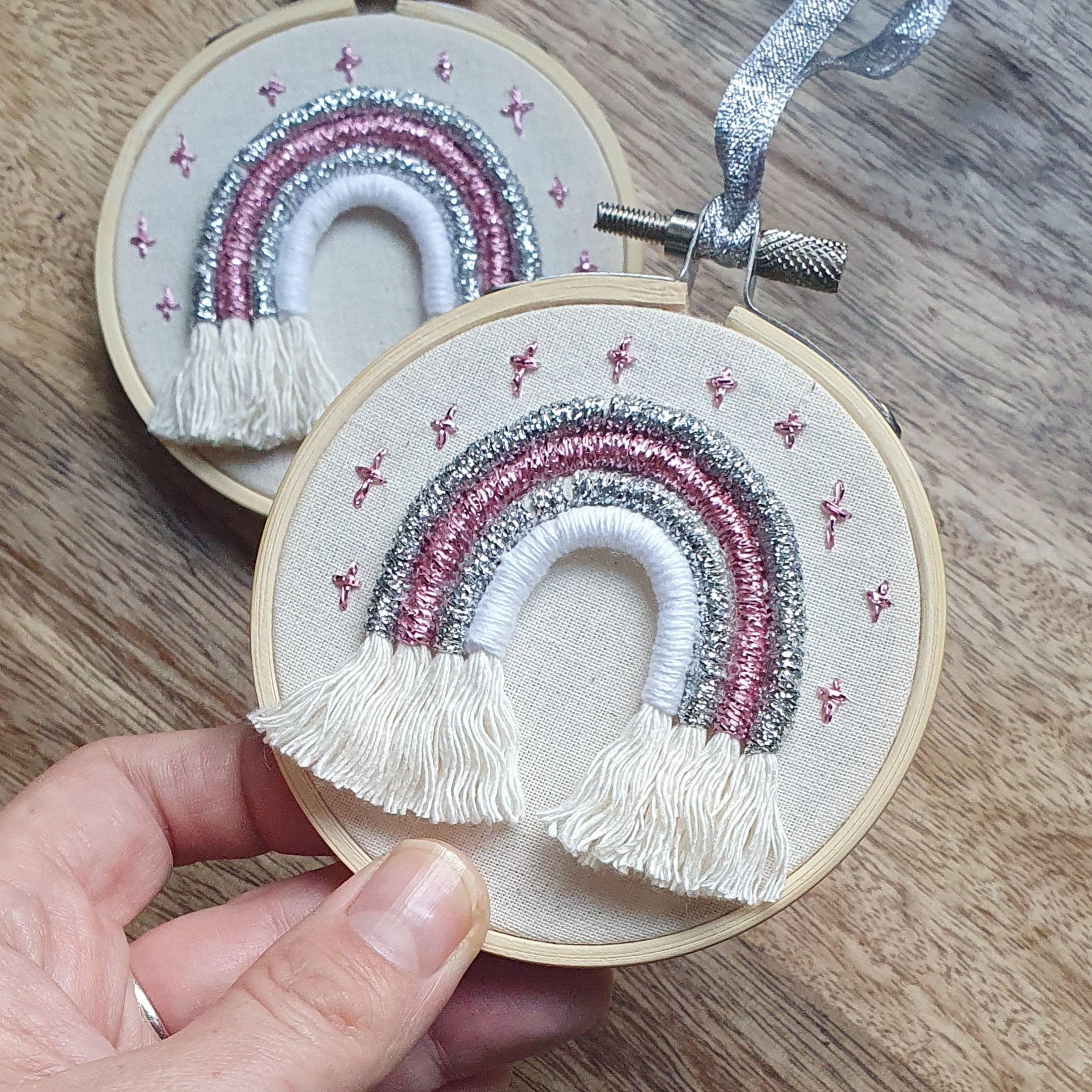 Handmade Macramé Rainbow embroidery hoop - pinks