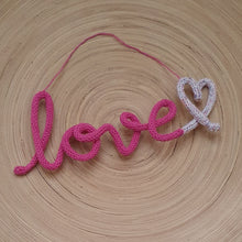 Load image into Gallery viewer, Knitted Words - &quot;love&quot; - Bright pink with Rainbow Fleck heart
