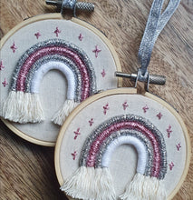 Load image into Gallery viewer, Handmade Macramé Rainbow embroidery hoop - pinks
